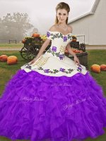 Sleeveless Floor Length Embroidery and Ruffles Lace Up Sweet 16 Dress with Purple