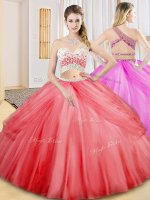 Fitting Coral Red Sleeveless Floor Length Beading and Ruching and Pick Ups Criss Cross Ball Gown Prom Dress