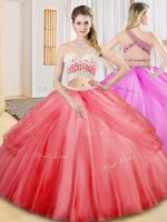 Fitting Coral Red Sleeveless Floor Length Beading and Ruching and Pick Ups Criss Cross Ball Gown Prom Dress(SKU SXQD124BIZ)