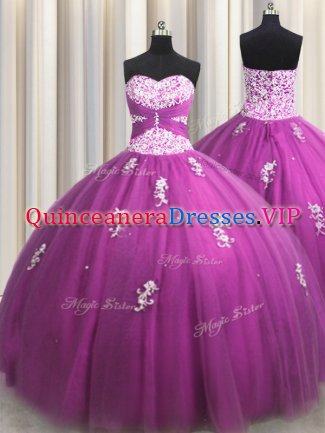 Great Fuchsia Ball Gowns Sweetheart Sleeveless Tulle Floor Length Lace Up Beading and Appliques Sweet 16 Quinceanera Dress