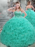 Turquoise Ball Gowns Beading 15 Quinceanera Dress Lace Up Fabric With Rolling Flowers Sleeveless