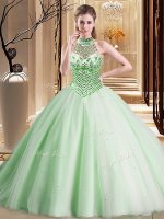 Great Brush Train Ball Gowns Sweet 16 Dress Apple Green Halter Top Tulle Sleeveless With Train Lace Up
