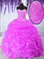 Lovely Hot Pink Ball Gowns Organza Sweetheart Sleeveless Ruffles and Sequins Floor Length Lace Up Quinceanera Gowns