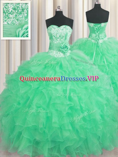 Great Handcrafted Flower Sleeveless Floor Length Beading and Ruffles and Hand Made Flower Lace Up Quinceanera Gown with Apple Green - Click Image to Close