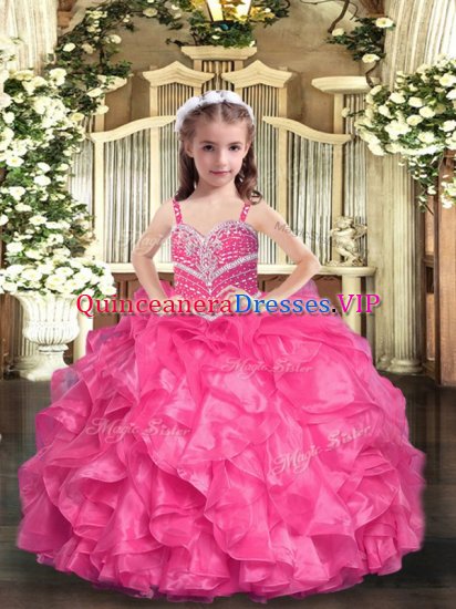 Straps Sleeveless Child Pageant Dress Floor Length Beading and Ruffles Hot Pink Organza - Click Image to Close