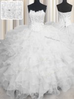 Dramatic Scalloped Sleeveless Floor Length Beading and Ruffles Lace Up Quinceanera Dresses with White