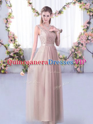 Pink Court Dresses for Sweet 16 Wedding Party with Lace and Belt V-neck Sleeveless Side Zipper