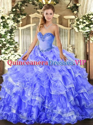 Sleeveless Organza Floor Length Lace Up Sweet 16 Quinceanera Dress in Blue with Beading and Ruffled Layers