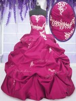 Vintage Sleeveless Taffeta Floor Length Lace Up Vestidos de Quinceanera in Fuchsia with Appliques and Ruching and Pick Ups(SKU PSSW032-8BIZ)