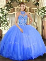 Vintage Blue Halter Top Neckline Embroidery Sweet 16 Dresses Sleeveless Lace Up(SKU SJQDDT1270002-1BIZ)