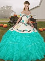 Charming Turquoise Ball Gowns Embroidery and Ruffles Sweet 16 Dress Lace Up Organza Sleeveless Floor Length