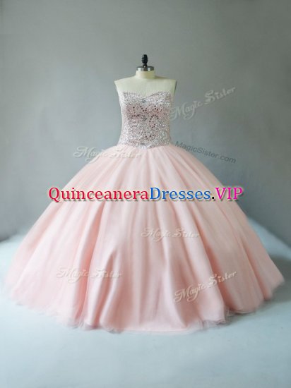 Latest Floor Length Lace Up Quince Ball Gowns Peach for Sweet 16 and Quinceanera with Beading - Click Image to Close