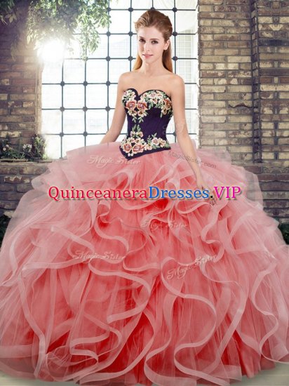 Watermelon Red Ball Gowns Tulle Sweetheart Sleeveless Embroidery and Ruffles Lace Up Vestidos de Quinceanera Sweep Train - Click Image to Close