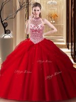 Red Lace Up Halter Top Beading and Pick Ups Sweet 16 Quinceanera Dress Tulle Sleeveless Brush Train