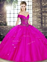 Ball Gowns Quinceanera Dress Fuchsia Off The Shoulder Tulle Sleeveless Floor Length Lace Up