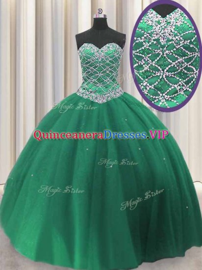 Fabulous Dark Green Tulle Lace Up Party Dress for Girls Sleeveless Floor Length Beading and Sequins - Click Image to Close