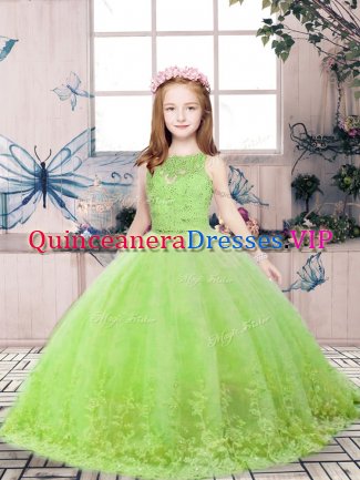Trendy Yellow Green Ball Gowns Tulle Scoop Sleeveless Lace and Appliques Floor Length Backless Little Girls Pageant Dress