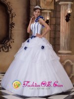 Waltham Forest Greater London Elegant Hand Made Flowers Popular White One Shoulder Satin and Organza Ball Gown Sweet Fifteen Dress For