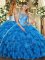 New Style Organza Scoop Sleeveless Lace Up Beading and Ruffles Quinceanera Gowns in Baby Blue