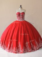 Affordable Red Sweetheart Lace Up Embroidery Quinceanera Gown Sleeveless