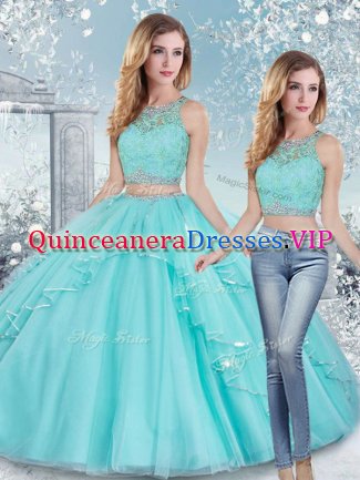 Latest Aqua Blue Sleeveless Floor Length Beading and Lace and Sashes ribbons Clasp Handle 15th Birthday Dress