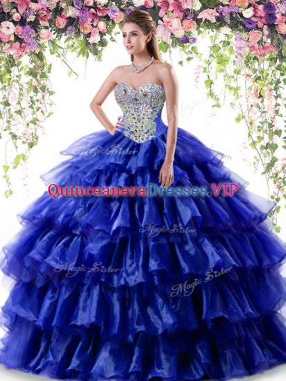 Royal Blue Organza Lace Up Quinceanera Dresses Sleeveless Floor Length Beading and Ruffled Layers - Click Image to Close
