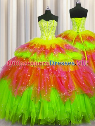Sumptuous Bling-bling Visible Boning Sweetheart Sleeveless Lace Up Vestidos de Quinceanera Multi-color Tulle