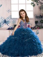 Floor Length Navy Blue Pageant Dress for Teens Scoop Sleeveless Lace Up
