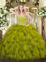 Olive Green Organza Lace Up Sweetheart Sleeveless Floor Length Vestidos de Quinceanera Beading and Ruffles