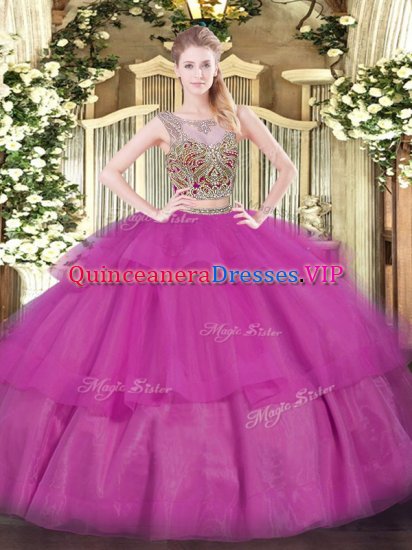 Fuchsia 15 Quinceanera Dress Military Ball and Sweet 16 and Quinceanera with Beading and Ruffled Layers Scoop Sleeveless Lace Up - Click Image to Close