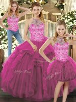 Sleeveless Floor Length Beading and Ruffles Lace Up Ball Gown Prom Dress with Fuchsia