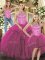 Sleeveless Floor Length Beading and Ruffles Lace Up Ball Gown Prom Dress with Fuchsia