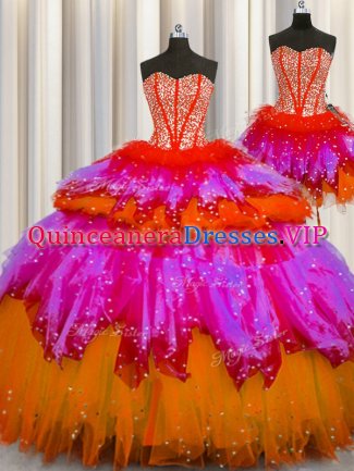 Three Piece Visible Boning Floor Length Lace Up Quince Ball Gowns Multi-color for Military Ball and Sweet 16 and Quinceanera with Beading
