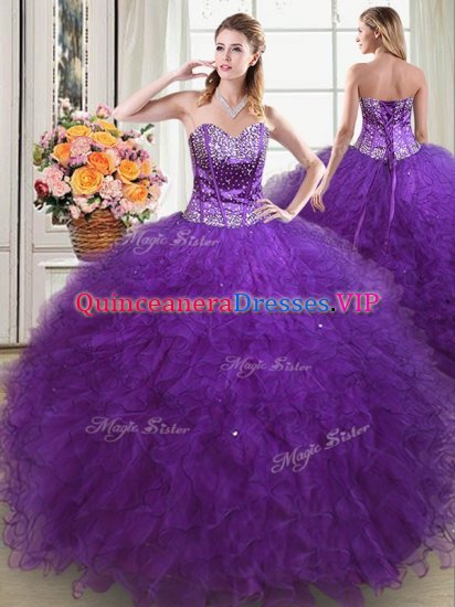 Eye-catching Eggplant Purple Sleeveless Floor Length Beading and Ruffles Lace Up Vestidos de Quinceanera - Click Image to Close