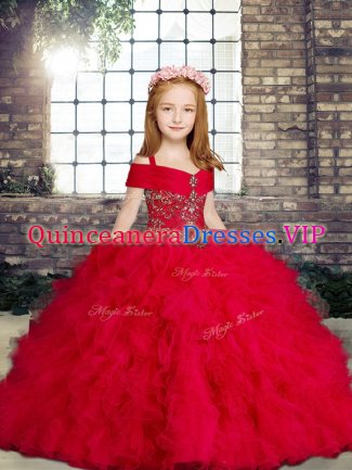 Fashion Sleeveless Floor Length Beading and Ruffles Lace Up Pageant Dresses with Red