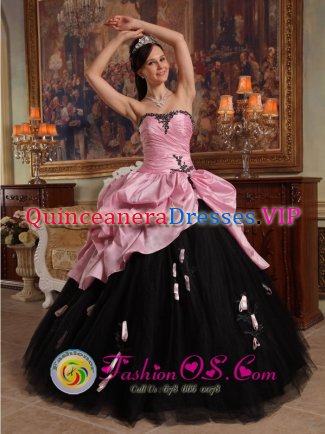 Hand Made Flowers New Arrival Rose Pink and Black Sweet 16 Dress Sweetheart Tulle and Taffeta Stylish Ball Gown In Saldanha South Africa