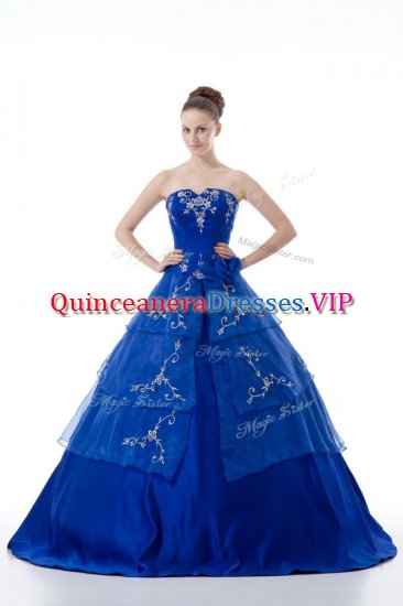 Stunning Royal Blue Ball Gowns Organza V-neck Sleeveless Embroidery and Ruffled Layers Floor Length Lace Up Quinceanera Gowns - Click Image to Close