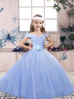 Adorable Floor Length Light Blue Kids Formal Wear Off The Shoulder Sleeveless Lace Up