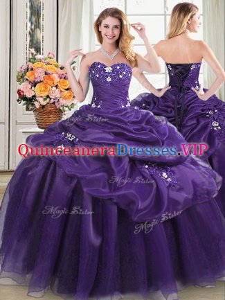 Adorable Floor Length Purple Quinceanera Dress Organza Sleeveless Appliques and Pick Ups
