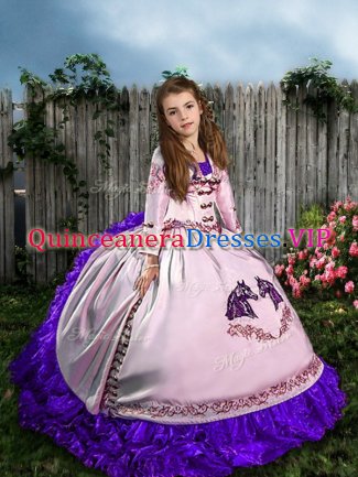 White Straps Neckline Embroidery and Ruffles Little Girls Pageant Gowns Sleeveless Lace Up
