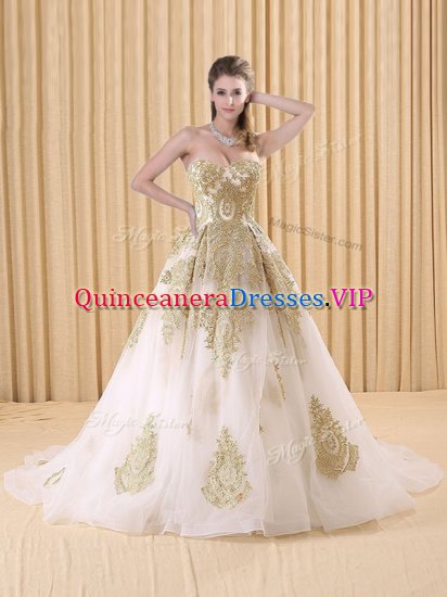 Eye-catching White Ball Gown Prom Dress Sweetheart Sleeveless Sweep Train Lace Up - Click Image to Close