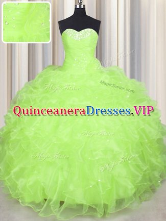 Most Popular Yellow Green Sleeveless Beading and Ruffles Floor Length Quince Ball Gowns