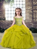 Elegant Olive Green Lace Up Off The Shoulder Beading Child Pageant Dress Tulle Sleeveless