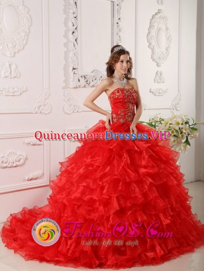 Florencio Varela Argentina Ruffles and Embroidery Informal Red Quinceanera Dress Strapless Organza Brush Train Ball Gown - Click Image to Close