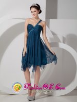 Lahaina Hawaii/HI Navy Blue Chiffon Empire Knee-length Beading and Ruch One Shoulder Quinceanera Dama Dress