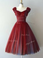 Best Rust Red A-line Ruching Court Dresses for Sweet 16 Lace Up Chiffon Cap Sleeves Knee Length