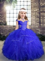 Blue Ball Gowns Tulle Straps Sleeveless Beading and Ruffles Floor Length Lace Up Little Girl Pageant Dress(SKU PAG1275-2BIZ)