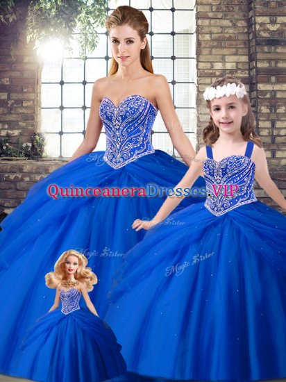 Royal Blue Sweet 16 Quinceanera Dress Military Ball and Sweet 16 and Quinceanera with Beading and Pick Ups Sweetheart Sleeveless Brush Train Lace Up - Click Image to Close