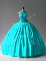 Aqua Blue Lace Up Vestidos de Quinceanera Appliques Sleeveless Floor Length