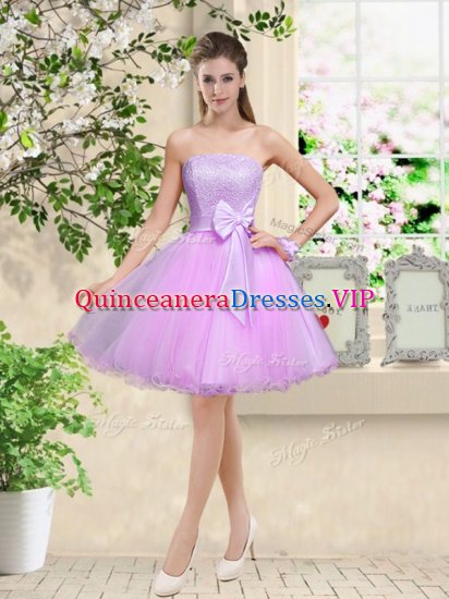 Sleeveless Knee Length Lace and Belt Lace Up Damas Dress with Lilac - Click Image to Close